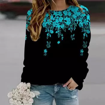 Осенне-осенняя женская модная футболка с длинным рукавом и круглым вырезом, свободная одежда, ожерелье, футболка с цветочным принтом для девочек, уличная XS белый