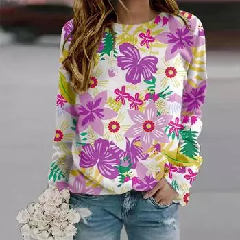 Осенне-осенняя женская модная футболка с длинным рукавом и круглым вырезом, свободная одежда, фиолетовая футболка с принтом бабочек и цветов для девочек, уличная одежда XS фиолетовый