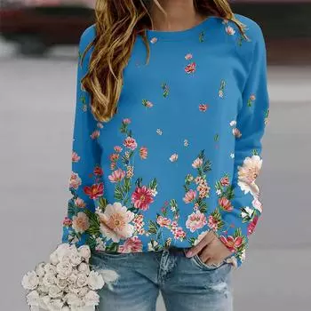 Осенне-осенняя женская модная футболка с длинным рукавом и круглым вырезом, свободная одежда, синяя футболка с принтом летающих цветов для девочек, уличная XS белый
