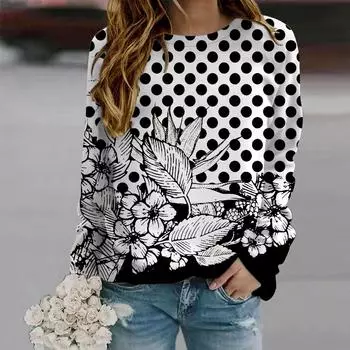 Осенне-осенняя женская модная футболка с длинным рукавом и круглым вырезом, свободная одежда, белая футболка в горошек с цветочным принтом для девочек, уличная одежда XS белый