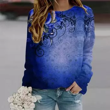 Осенне-осенняя женская модная футболка с длинным рукавом и круглым вырезом, свободная одежда, синяя изогнутая футболка с цветочным принтом для девочек, уличная XS фиолетовый