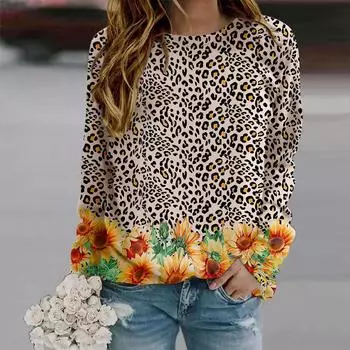 Осенне-осенняя женская модная футболка с круглым вырезом и длинными рукавами, свободная одежда, леопардовая футболка с принтом подсолнечника для девочек, уличная XS чёрный
