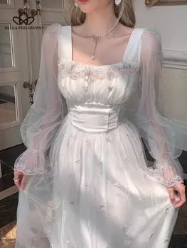 Осенне-весеннее белое сетчатое платье феи, женское французское винтажное платье с цветочной вышивкой и расклешенными рукавами, платье принцессы для выпускного вечера, Vestido Blanco S белый