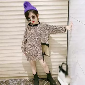 Осенне-весеннее детское леопардовое платье-футболка для девочек, пуловер большого размера, футболки с круглым вырезом и длинными рукавами, свитшоты с неровным подолом, детская одежда, От 3 до 8 лет 13