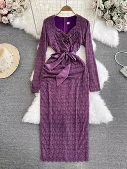 Осенне-весеннее флисовое кружевное вечернее платье, женское облегающее платье-карандаш с квадратным воротником и длинным рукавом, с лентой и цветочным ремнем M фиолетовый