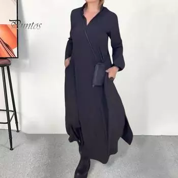 Осенне-весеннее платье Пуловер с V-образным вырезом Свободный трапециевидный силуэт с длинными рукавами и боковыми карманами до щиколотки Повседневная повседневная одежда Макси-платье L коричневый