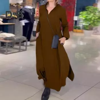 Осенне-весеннее платье Пуловер с V-образным вырезом Свободный трапециевидный силуэт с длинными рукавами и боковыми карманами до щиколотки Повседневная повседневная одежда Макси-платье L коричневый