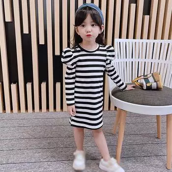 Осенне-весеннее полосатое платье-футболка для маленьких девочек, классическое полосатое платье с круглым вырезом и разрезом на подоле и длинными рукавами, детская одежда для детей 3-8 лет 15