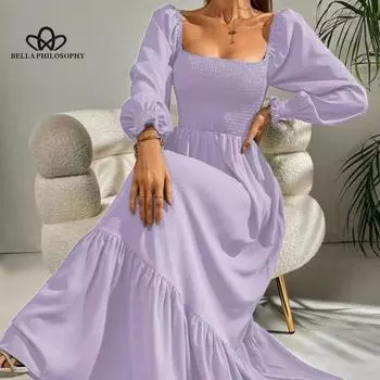 Осенне-весеннее пуловерное платье с квадратным воротником, облегающее платье с длинными рукавами и высокой талией, женское повседневное элегантное платье XS абрикосовый