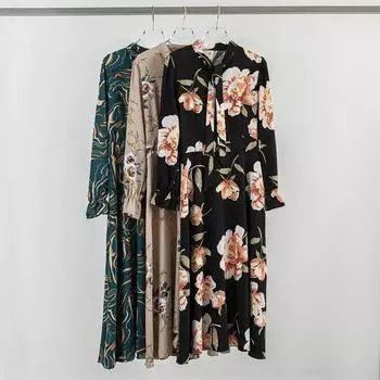 Осенне-весеннее шифоновое платье, женские повседневные платья, Vestidos, модные женские винтажные длинные платья трапециевидной формы с длинными рукавами и цветочным принтом M чёрный