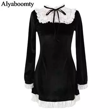 Осенне-весеннее женское черное мини-платье в готическом стиле в стиле панк с рюшами на воротнике и ленте, бархатное платье, рождественское кружевное вечернее платье с оборками
