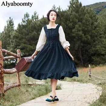 Осенне-весеннее женское длинное платье Лолиты с квадратным воротником в стиле пэчворк, полосатое бандажное платье с рукавами-фонариками, элегантное вечернее платье с оборками S красный