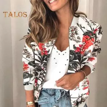 Осенне-весеннее женское пальто с цветочным принтом, кардиган на молнии с длинными рукавами, эластичными манжетами и воротником-стойкой, повседневная куртка для поездок на работу L светло-зеленый