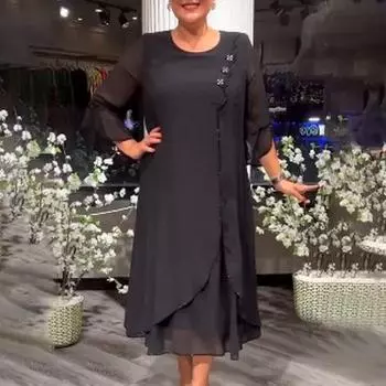 Осенне-весеннее женское платье А-силуэта с многослойным подолом, рукавами три четверти, однотонным цветом, круглым вырезом, длиной до середины икры чёрный