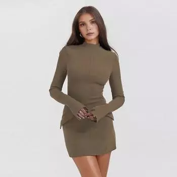 Осенне-весеннее женское платье-футляр облегающего кроя с воротником-стойкой и имитацией кармана, однотонное, с длинными рукавами, для свиданий, шопинга, поездок на работу, мини-платье S коричневый