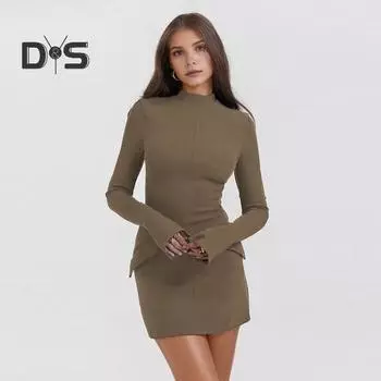 Осенне-весеннее женское платье-футляр облегающего кроя с воротником-стойкой и имитацией кармана, однотонное, с длинными рукавами, для свиданий, шопинга, поездок на работу, мини-платье S чёрный