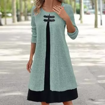 Осенне-весеннее женское платье, имитация двух частей, длинный рукав, А-силуэт, свободный подол, круглый вырез, пряжка, декор, трикотажное мягкое цветное платье длиной до колена 2XL розы красного