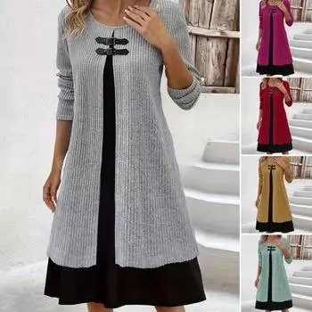 Осенне-весеннее женское платье из двух частей, трапециевидной формы с длинным рукавом, свободный подол, круглая шея, декор с пряжкой, вязаное мягкое цветное платье миди длиной до колена 2XL розы красного