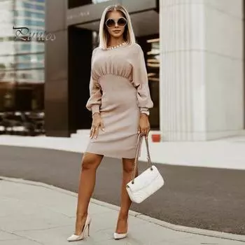 Осенне-весеннее женское платье, облегающее однотонное платье-футляр с наклонным вырезом на одно плечо, рукава-фонарики, эластичное платье миди для покупок на работу 2XL чёрный