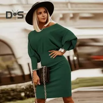 Осенне-весеннее женское платье, облегающее однотонное платье-футляр с наклонным вырезом на одно плечо, рукава-фонарики, эластичное платье миди для покупок на работу 2XL чёрный