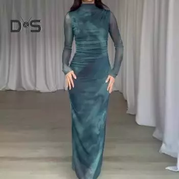 Осенне-весеннее женское платье облегающего кроя, однотонное, плиссированное, с длинным рукавом, полувысоким воротником, молнией сзади, мягкое эластичное женское платье миди M темно-зеленого