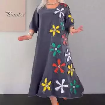 Осенне-весеннее женское платье с цветочной нашивкой, А-силуэтом, круглым вырезом, большим подолом, рукавами три четверти, рваным подолом, повседневное платье-миди M синий