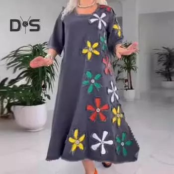 Осенне-весеннее женское платье с цветочной нашивкой, А-силуэтом, круглым вырезом, большим подолом, рукавами три четверти, рваным подолом, повседневное платье-миди M темно-серого