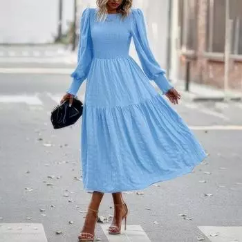 Осенне-весеннее женское платье с длинными рукавами-фонариками, трапециевидной формы, с круглым вырезом, однотонное плиссированное платье миди в стиле бохо, вечернее платье S синий