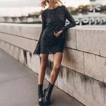 Осенне-весеннее женское платье с длинными рукавами-рогами, разрезами на манжетах, круглым вырезом, пайетками S чёрный