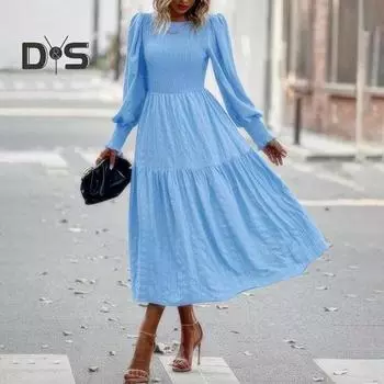 Осенне-весеннее женское платье с длинными рукавами-фонариками, трапециевидной формы, с круглым вырезом, однотонное плиссированное платье в стиле бохо, миди, платье для вечеринок и свиданий XXL светло-синий
