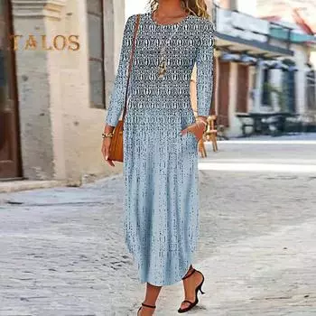 Осенне-весеннее женское платье с круглым вырезом и карманами, длинными рукавами, трапециевидным принтом, свободное платье макси с нерегулярным подолом для свиданий 3XL хаки