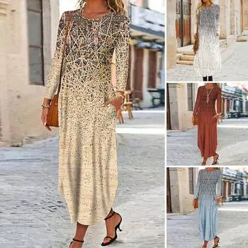 Осенне-весеннее женское платье с круглым вырезом и карманами, длинными рукавами, трапециевидным принтом, свободное платье макси с нерегулярным подолом для свиданий 3XL хаки