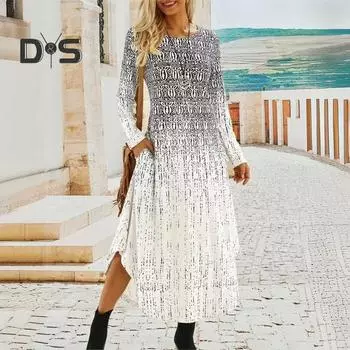 Осенне-весеннее женское платье с круглым вырезом и карманами, длинными рукавами, трапециевидным принтом, свободное платье макси с нерегулярным подолом для свиданий 3XL хаки