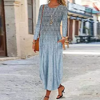 Осенне-весеннее женское платье с круглым вырезом и карманами, длинными рукавами, трапециевидным принтом, свободный нерегулярный подол 3XL хаки