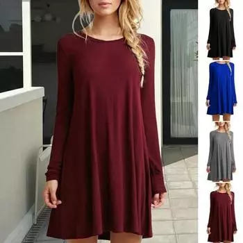 Осенне-весеннее женское платье с круглым вырезом, свободные длинные рукава, однотонное А-силуэтное плиссированное мини-платье, повседневная одежда, короткое платье для школы и работы XL серый