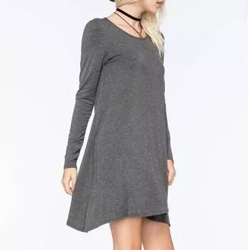 Осенне-весеннее женское платье с круглым вырезом, свободные длинные рукава, однотонное А-силуэтное плиссированное мини-платье, повседневная одежда, короткое платье для школы и работы XL чёрный