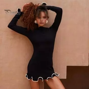 Осенне-весеннее женское платье с оборками по подолу и манжетами, облегающее, с длинными рукавами, однотонное трикотажное эластичное мини-платье для выпускного вечера S белый