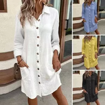 Осенне-весеннее женское платье с отложным воротником, свободные длинные рукава, однобортная рубашка однотонного цвета, тип OL XXL зелёный