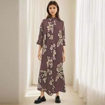 Осенне-весеннее женское платье с отложным воротником и цветочным принтом, свободное однобортное кардиган с длинными рукавами и боковыми карманами, рубашка типа макси-платья L кофейный