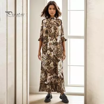 Осенне-весеннее женское платье с отложным воротником и цветочным принтом, свободное однобортное кардиган с длинными рукавами и боковыми карманами, рубашка типа макси-платья L кофейный