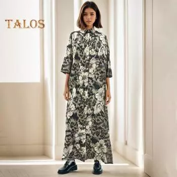 Осенне-весеннее женское платье с отложным воротником и цветочным принтом, свободное однобортное кардиган с длинными рукавами и боковыми карманами, рубашка типа макси-платья L кофейный