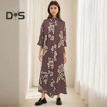 Осенне-весеннее женское платье с отложным воротником и цветочным принтом, свободное однобортное кардиган с длинными рукавами и боковыми карманами, рубашка типа макси-платья L кофейный