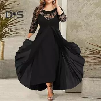 Осенне-весеннее женское платье с прозрачным ажурным кружевом и вышивкой цветов, рукавом три четверти, двухслойным, круглым вырезом, большим качелями, большим размером, высокой талией 3XL чёрный
