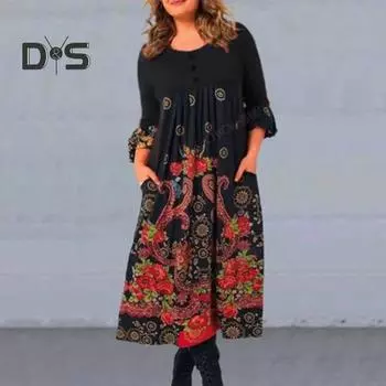 Осенне-весеннее женское платье с ретро-этническим принтом, А-силуэт, большой крой, длинный рукав, круглый вырез, высокая талия, свободные карманы, плиссировка, длина до середины голени, женское платье миди 2XL красный