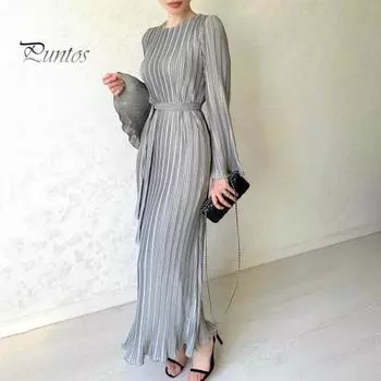 Осенне-весеннее женское платье с рукавами-колокольчиками, круглым вырезом, в полоску, плиссированное, однотонное, приталенное, на шнуровке, с гофрированной кромкой, платье макси для выпускного вечера S коричневый