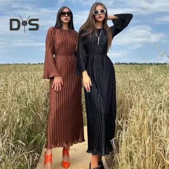 Осенне-весеннее женское платье с рукавами-колокольчиками, круглым вырезом, в полоску, плиссированное, однотонное, приталенное, на шнуровке, с гофрированной кромкой, платье макси для выпускного вечера S коричневый