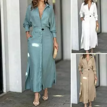 Осенне-весеннее женское платье с тонкой талией и длинными рукавами с разрезом подол, однотонная рубашка с отворотом и V-образным вырезом S белый