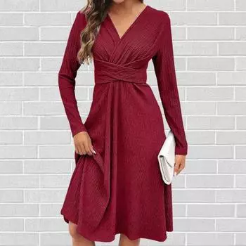 Осенне-весеннее женское платье с V-образным вырезом, длинным рукавом, высокой талией, длиной до колена, винтажное однотонное платье А-силуэта со свободным подолом, повседневное женское платье миди M чёрный