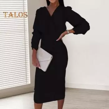 Осенне-весеннее женское платье с V-образным вырезом и рукавами-фонариками, формальное, в деловом стиле, облегающее, однотонное, с высокой талией, офисное платье миди для поездок на работу S белый