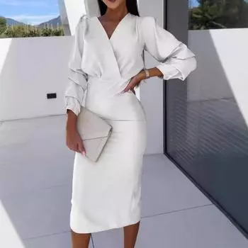 Осенне-весеннее женское платье с V-образным вырезом и рукавами-фонариками, формальное, в деловом стиле, облегающее, однотонное, с высокой талией, офисное платье миди для поездок на работу S белый